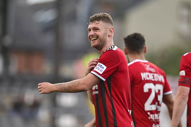 Ben Kennnedy was full of smiles on Tuesday night following four goals for the Crusaders player against Carrick Rangers. (Photo by Arthur Allison/Pacemaker Press)