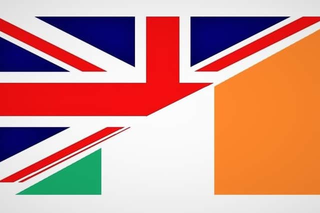 A split strikethrough of UK and Irish flags