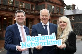 Christopher Morrow, head of communications & Engagement, NI Chamber, Ian Hunter, commercial manager, NIE Network Connections and Petrina McAuley, campaigns & events manager, NI Chamber launch the 2023 Regional Networking Series