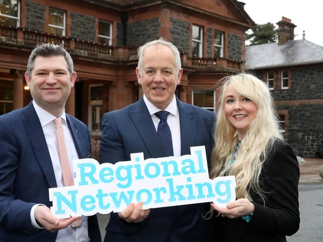 Christopher Morrow, head of communications & Engagement, NI Chamber, Ian Hunter, commercial manager, NIE Network Connections and Petrina McAuley, campaigns & events manager, NI Chamber launch the 2023 Regional Networking Series