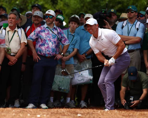 Rory McIlroy plays a shot on the second hole during the first round of the 2024 Masters Tournament at Augusta National Golf Club