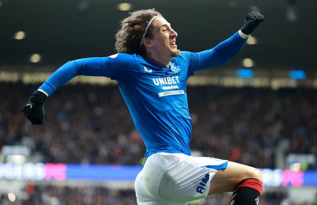 Rangers' Fabio Silva celebrates scoring in the cinch Premiership win at Ibrox over Livingston. (Photo by Steve Welsh/PA Wire).