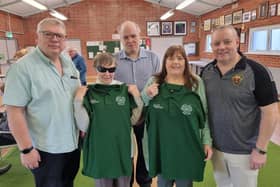 Members of the Irish visually impaired bowls team presented with shirts before their first ever test match. (L-R) Chris Mullholland (coach), Lisa Royale (bowler), Paddy McGrattan (Belfast City Council), Liz Thompson (bowler) and Ian McClure (coach)
