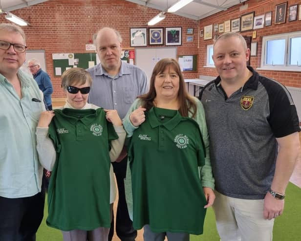 Members of the Irish visually impaired bowls team presented with shirts before their first ever test match. (L-R) Chris Mullholland (coach), Lisa Royale (bowler), Paddy McGrattan (Belfast City Council), Liz Thompson (bowler) and Ian McClure (coach)