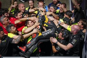 Marco Bezzecchi celebrates with the Mooney VR46 Ducati team after winning the French GP