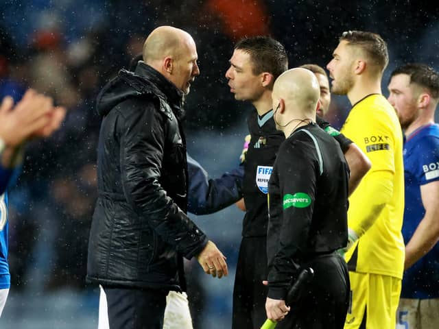 Rangers manager Philippe Clement speaks with the match officials after the cinch Premiership match at the Ibrox Stadium, Glasgow. PIC: Steve Welsh/PA Wire.