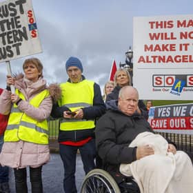 In February supporters of Co Fermanagh campaigners Save Our Acute Services deliver letters to Stormont demanding the restoration of emergency surgery at South West Acute Hospital in Enniskillen. Photo: Liam McBurney/PA Wire
