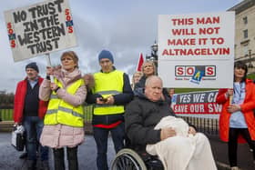 In February supporters of Co Fermanagh campaigners Save Our Acute Services deliver letters to Stormont demanding the restoration of emergency surgery at South West Acute Hospital in Enniskillen. Photo: Liam McBurney/PA Wire
