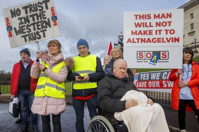 In February supporters of Co Fermanagh campaigners Save Our Acute Services deliver letters to Stormont demanding the restoration of emergency surgery at South West Acute Hospital in Enniskillen. Photo: Liam McBurney/PA Wire