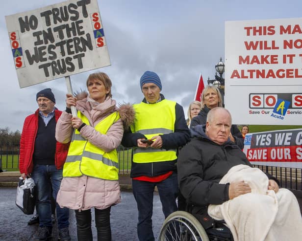In February supporters of Co Fermanagh campaigners Save Our Acute Services deliver letters to Stormont demanding the restoration of emergency surgery at South West Acute Hospital in Enniskillen. Photo: Liam McBurney/PA Wire