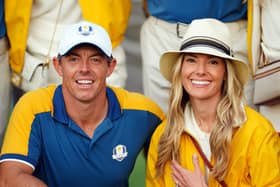 Rory McIlroy celebrates with his wife Erica after Europe regained the Ryder Cup following victory over the USA on day three of the 44th Ryder Cup at the Marco Simone Golf and Country Club in Rome in October last year. PA Photo.