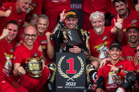Alvaro Bautista celebrates winning the World Superbike title on Sunday at the Mandalika International Street Circuit in Indonesia.