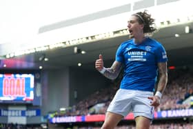 Rangers' Fabio Silva celebrates scoring in the cinch Premiership match at Ibrox Stadium against Hearts. (Photo by Steve Welsh/PA Wire)