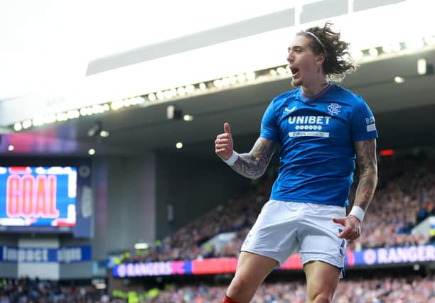 Rangers' Fabio Silva celebrates scoring in the cinch Premiership match at Ibrox Stadium against Hearts. (Photo by Steve Welsh/PA Wire)