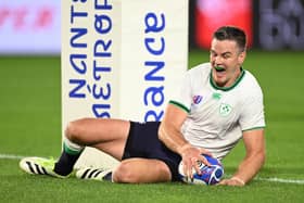 Ireland's Johnny Sexton scores his team's fourth try to become Ireland's record points' scorer during the Rugby World Cup clash against Tonga at Stade de la Beaujoire in Nantes, France. (Photo by Mike Hewitt/Getty Images).