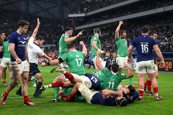 Ireland's Ronan Kelleher (obscured) scores his team's fifth try last night against France. (Photo by Shaun Botterill/Getty Images)