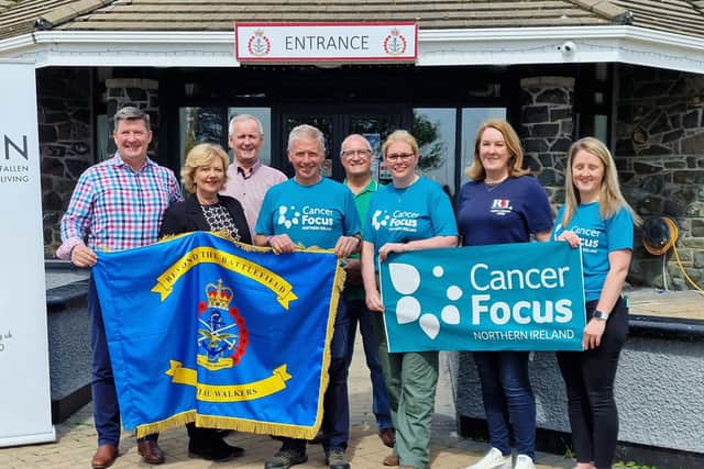 From left: Bobby Gillespie (case worker); Anne Marie and Rab (Harbour House); Colin Ward, along with David Blair and Emma Ward (Dromore RBL); Lynn Palmer (Poppy Appeal); and Gillian (Cancer Focus). C2320505