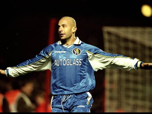 Chelsea player/manager Gianluca Vialli celebrates his goal during the Worthington Cup fourth round match against Arsenal at Highbury in London in 1998. Chelsea won 5-0. Picture: Gary M Prior/Allsport
