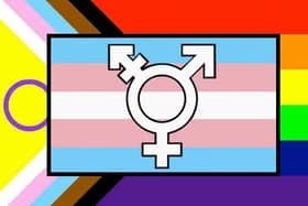Progress/BLM/trans-inclusive LGBTQQIA+ flag overlaid with a trans flag and symbol