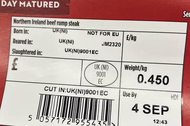 The new labelling on Asda produce says Not for EU on the second line of the label, a requirement of the new Windsor Framework which will be necessary from October. Photo: BBC