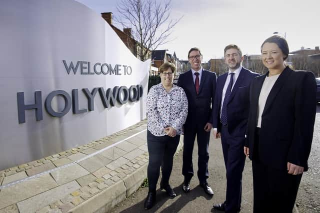 Law firm sets up home in Holywood. Pictured Helen Aston of Holywood Chamber of Commerce, along with Craig Russell, Graeme Hamilton and Avril Browne of Hewitt & Gilpin Solicitors