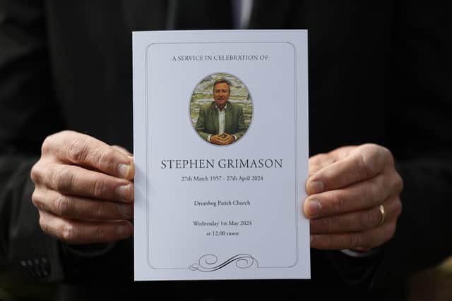 The order of service for the funeral of Stephen Grimason at Drumbeg Parish Church in Dunmurry on Wednesday