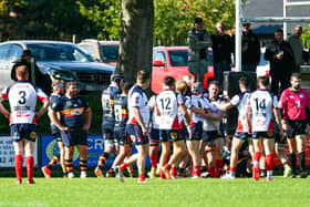 Malone players celebrate a try in victory over Banbridge at Gibson Park. (Photo by Andrew McCarroll/Pacemaker Press)