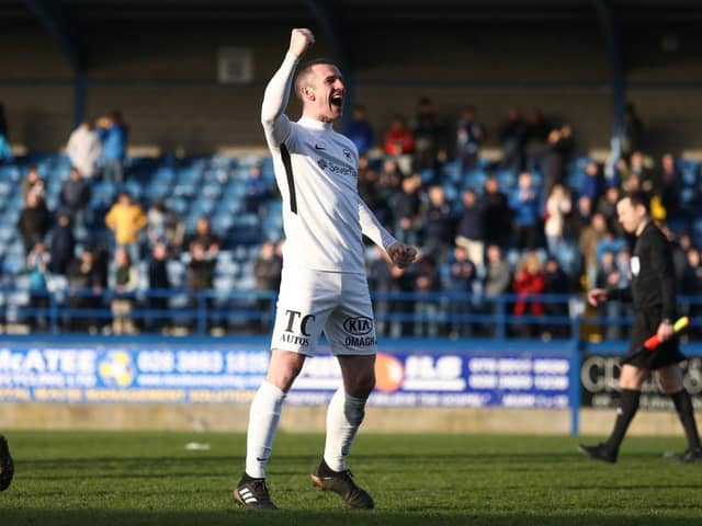 Ryan Campbell celebrates after Ballinamallard United defeated Warrenpoint Town in the 2018/19 Irish Cup semi-finals. PIC: INPHO/Philip Magowan