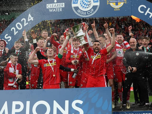 Cliftonville lift the Irish Cup - a first club win in the competition since 1979 - after victory over Linfield by 3-1 after extra-time. (Photo by Desmond Loughery/Pacemaker Press)