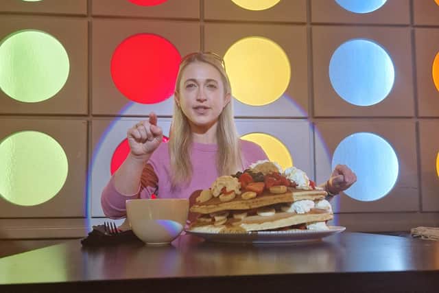Katina Eats Kilos takes on the pancake stack challenge at Safari in Banbridge