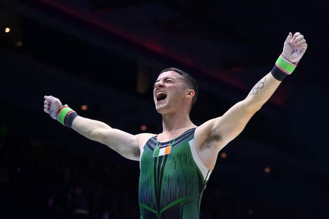 Rhys McClenaghan of Ireland celebrates after his Gold Medal winning routine during Men's Pommel Horse Final on day eight of the FIG Artistic Gymnastics World Championships at M&S Bank Arena on November 05, 2022 in Liverpool, England. (Photo by Laurence Griffiths/Getty Images)