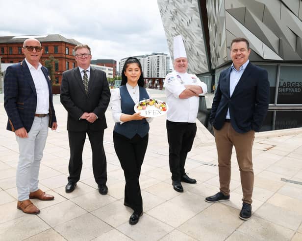 IFEX 2024 opened its doors today to an anticipated 7,000 visitors with sustainability high on the agenda. Pictured at the launch are Colin Neill, CEO, Hospitality Ulster, Toby Wand, managing director, 365 Events, Emma McIlveen from the Titanic Hotel, Sean Owens, IFEX Salon Culinaire director and Glyn Roberts, CEO, Retail NI