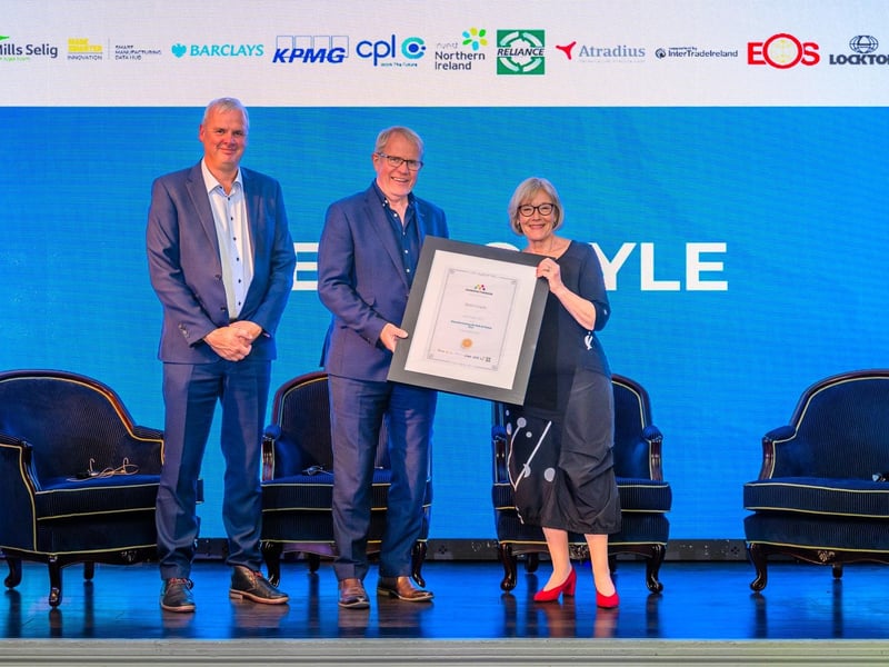 Manufacturing NI chair Richard Hogg with hall of fame inductee Sean Coyle, founder of Keystone Group and host Wendy Austin