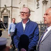 Journalists Trevor Birney (left) and Barry McCaffrey speaking to media outside the Royal Courts of Justice, in London. Photo: Victoria Jones/PA Wire