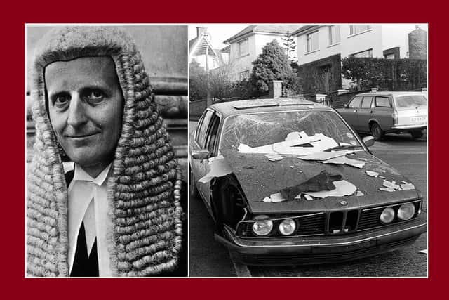 Mr Justice Carswell. Beside his headshot is his partially-exploded car, which detonated after he spotted it and called in the security services in 1984