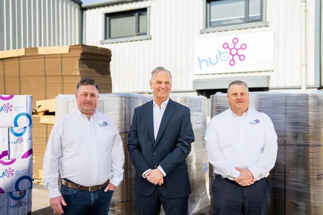 Newry packaging supplier Hub Packaging has acquired Clonmel’s Faleen Sales Ltd, marking a further step in its expansion across Ireland. Pictured is Hub Packaging commercial director Russell Brennan, CEO Andrew Ward and director of sustainability & governance Julian Coldrick