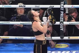 Katie Taylor celebrates after the victory in Dublin's Croke Park before retirement. (Photo by Brian Lawless/PA Wire)