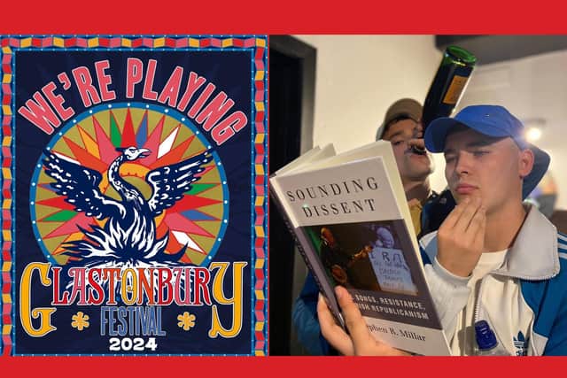 A 2024 Glastonbury flyer and an image tweeted out of Mo Chara reading about republican songwriting