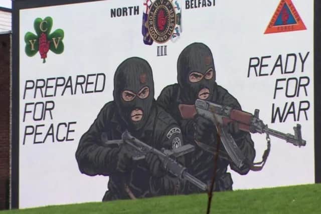 A UVF mural in Mount Vernon, north Belfast. The old mural, which was similar, had been up for many years, but blew down in a recent storm. It was repainted as you see it here earlier this year (credit: BBC NI)