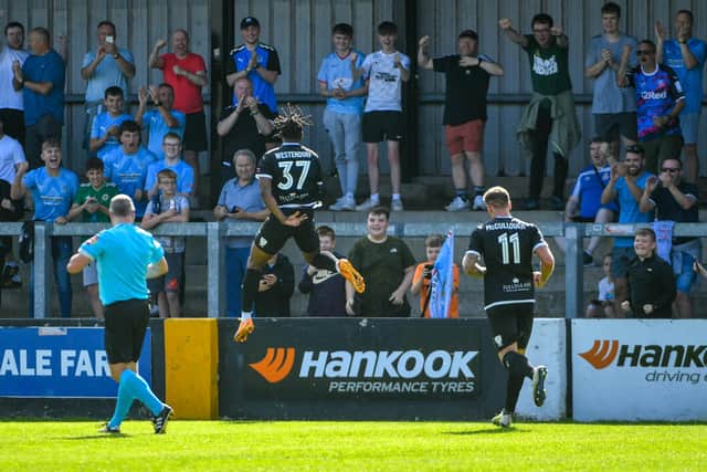 ​Isaac Westendorf celebrates scoring his first Premiership goal for Ballymena United after arriving on loan from Larne on Deadline Day. PIC: Andrew McCarroll/ Pacemaker Press