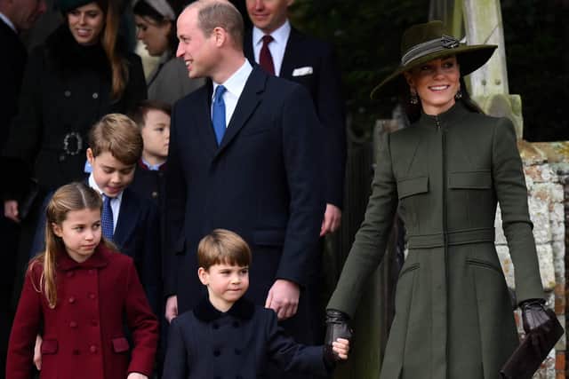(From L) Britain's Princess Charlotte of Wales, Britain's Prince George of Wales, Britain's Prince William, Prince of Wales, Britain's Prince Louis of Wales and Britain's Catherine, Princess of Wales leave at the end of the Royal Family's traditional Christmas Day service at St Mary Magdalene Church in Sandringham, Norfolk, eastern England, on December 25, 2022. (Photo by Daniel LEAL / AFP) (Photo by DANIEL LEAL/AFP via Getty Images)