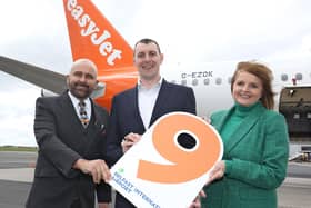 Northern Ireland’s largest airline easyJet, has welcomed an additional aircraft to its base at Belfast International Airport, meaning the airline will operate its largest ever flying programme from Northern Ireland this summer, offering over 3.8 million seats to and from Belfast. Pictured are Jason Davis, easyJet base manager, Dan Owens, Belfast International Airport and Ali Gayward, easyJet's UK Country manager