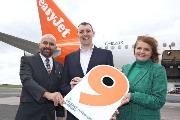Northern Ireland’s largest airline easyJet, has welcomed an additional aircraft to its base at Belfast International Airport, meaning the airline will operate its largest ever flying programme from Northern Ireland this summer, offering over 3.8 million seats to and from Belfast. Pictured are Jason Davis, easyJet base manager, Dan Owens, Belfast International Airport and Ali Gayward, easyJet's UK Country manager