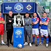 Cliftonville’s Sean Stewart, Rory Hale and Jim Magilton with Linfield’s David Healy, Jamie Mulgrew and Kyle McClean ahead of Saturday's Irish Cup final. PIC: Stephen Hamilton/Presseye