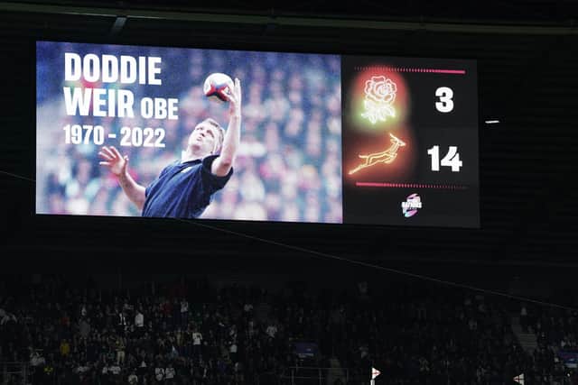 A message on the screen at Twickenham on Saturday during England’s match against South Africa in memory of former Scotland player Doddie Weir