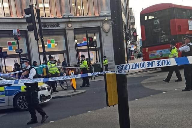 The scene in Oxford Street, London, in July 2021 when violent offender Tedi Fanta killed a complete stranger - Belfast-born retired civil servant Stephen Dempsey - in a 'ferocious' knife attack