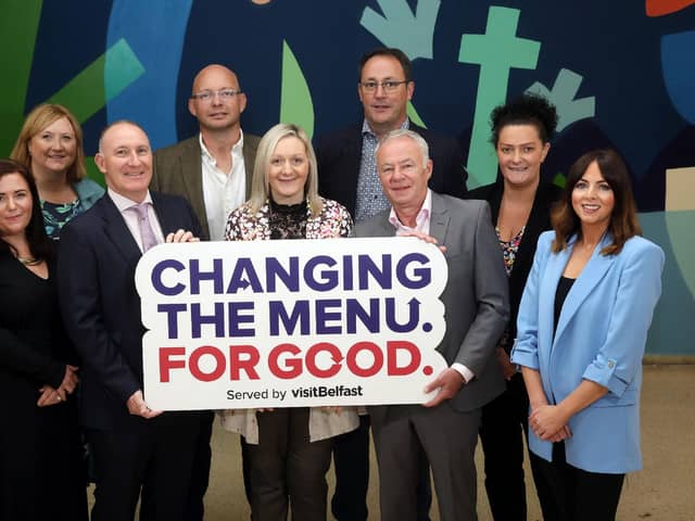 A new tourism initiative aimed at tackling food poverty in Belfast has been launched by Visit Belfast. Pictured are Eimear Kearney, head of sales and marketing at Titanic Belfast, Corinne Weatherup, managing director at Event-Ful Consultancy, Gerry Lennon, chief executive of Visit Belfast, Andrew Dougan, director at Hospitality Belfast/ Yellow Door, Christine Cousins, events manager at Food NI/ Taste of Ulster, Brian Horgan, head of campus food & drink at Queen’s University, John Walsh, chief executive of Belfast City Council, Anneka Allen, sales manager at Crowne Plaza Belfast and Rachael McGuickin, director or business development, sustainability and transformational change Visit Belfast.