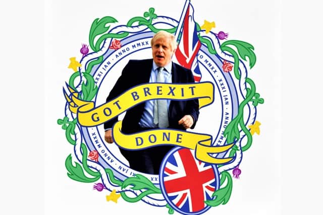 Official Tory Party artwork celebrating Boris Johnson and his 'oven ready' deal, available on party merchandise