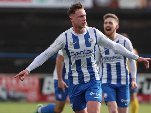 Matthew Shevlin celebrates his goal for Coleraine against Dungannon Swifts at The Showgrounds