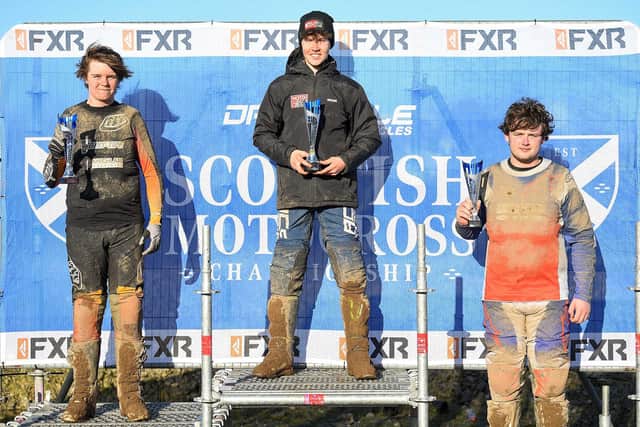 Jack Meara (centre) at Clayshank with, from left, Matt Fearnly and Ballyclare’s Charley Irwin. (Photo by Scottish Motocross Championship)